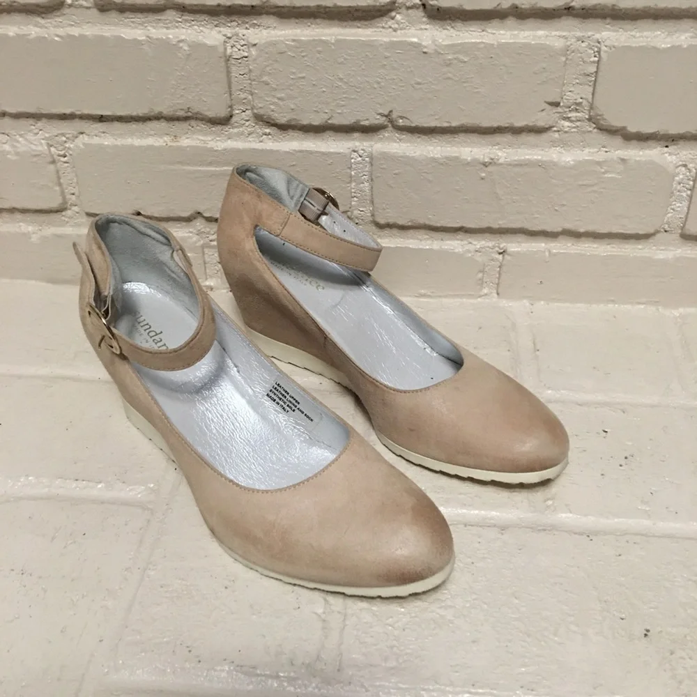 Ankle-Strap Nude Wedge Pumps